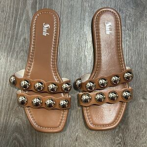 Women's Tan Slide Sandals with Gold Accents